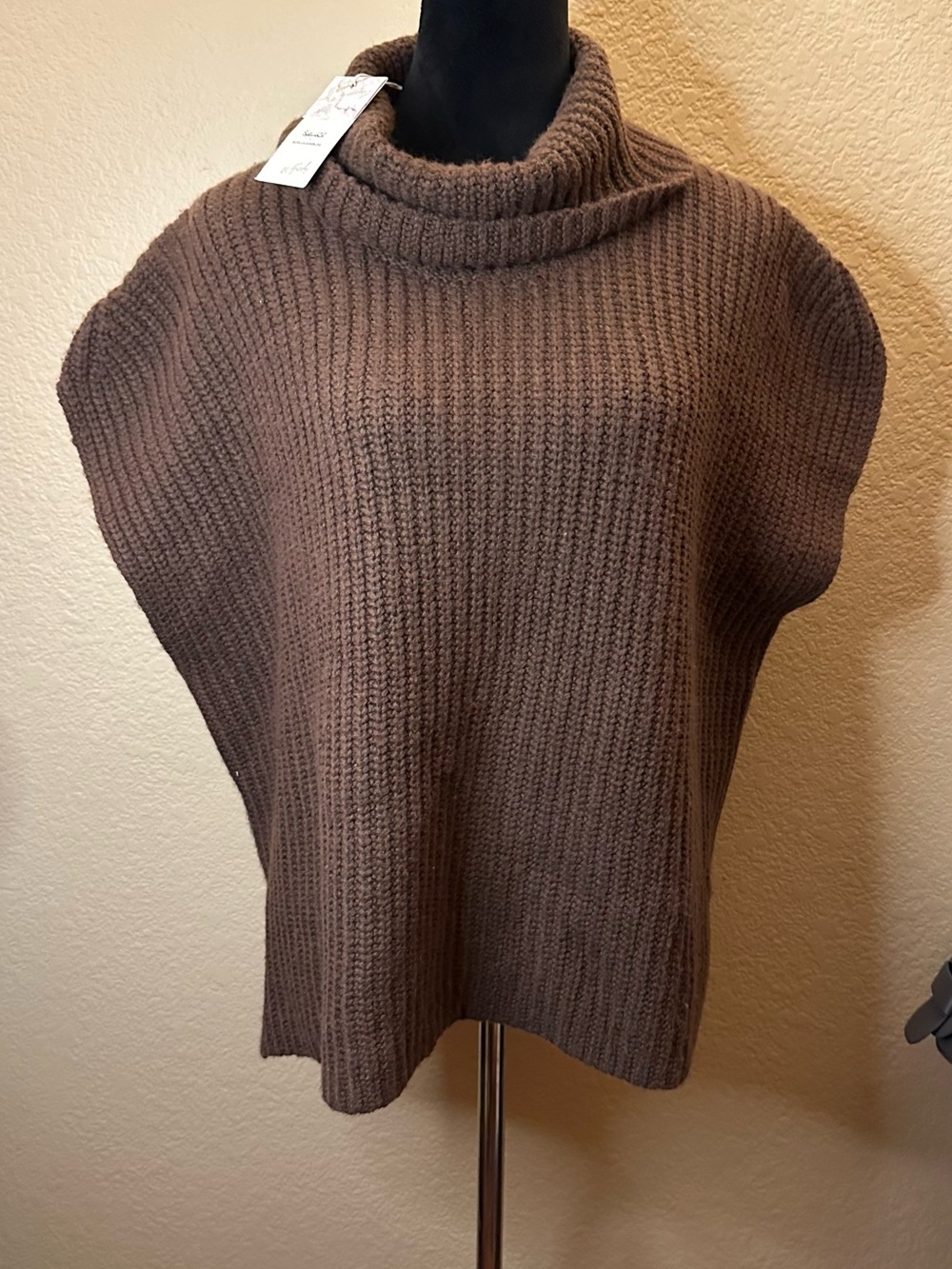 Splendid Brown Ribbed Cowl Neck Poncho Sweater
